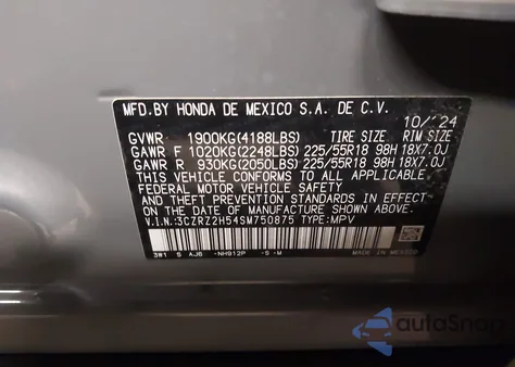 2025 Honda Hr-V Awd Sport z USA, uszkodzony, nr VIN 3CZRZ2H54SM750875